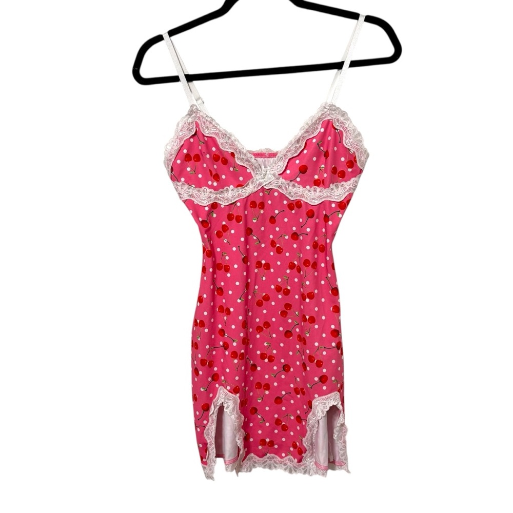 Vintage Style Size Medium‎ Pink Cherry Print Lace Trip Lingerie Slip Mini Dress